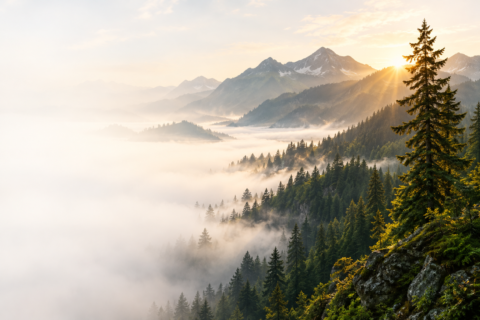 Sunlit evergreen forest and mountain landscape